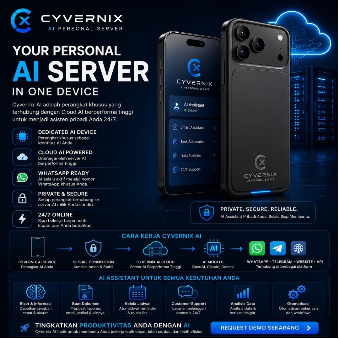 Cyvernix AI Personal Server dalam bentuk perangkat khusus yang terhubung ke Cloud AI untuk membantu pekerjaan, otomatisasi bisnis, dan layanan AI Assistant 24/7.
